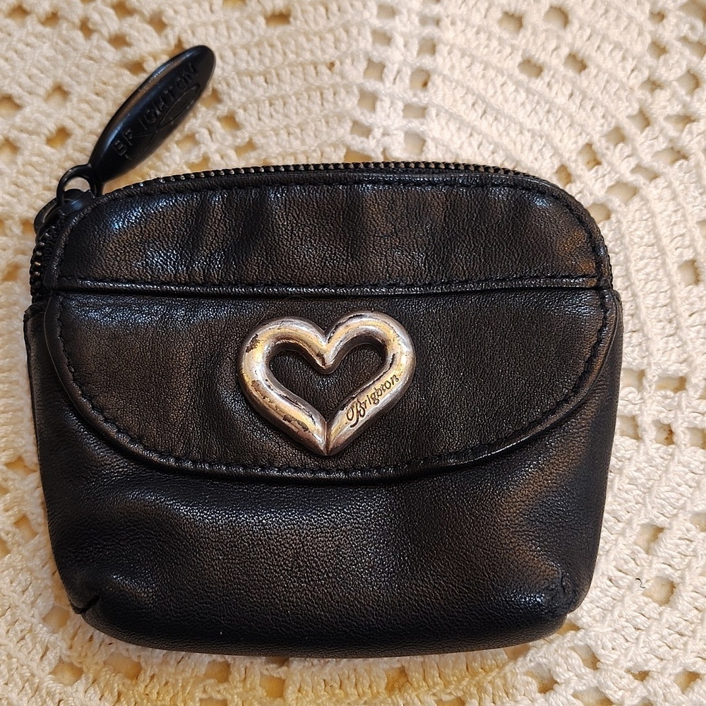 Brighton Black Leather Small Zip Coin Purse Silver Heart